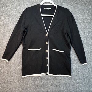 Zara Cardigan Sweater Womens M Black White Trim V Neck Pockets
